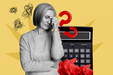 Composite art banner 3d photo collage of puzzled old woman hold head crumpled paper question mark inflation money loss ponderの写真素材