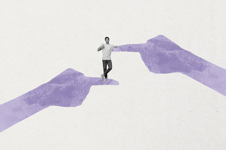 Full 3d zine pop trend collage of hands point businesswoman businessman hands point index finger redundancy concept cut staffの写真素材