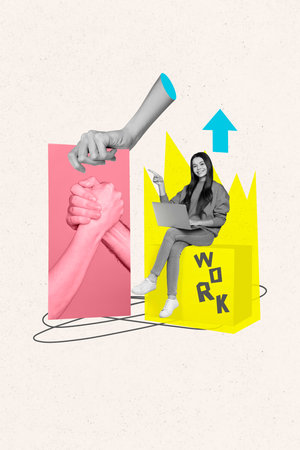 Vertical photo collage of happy girl sit work cube business people handshake success cooperation arrow up isolated on painted backgroundの写真素材