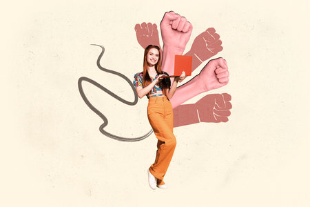 Poster image sketch full collage of happy girl guy stand strike fist support gesture demonstration activist protest agitationの写真素材