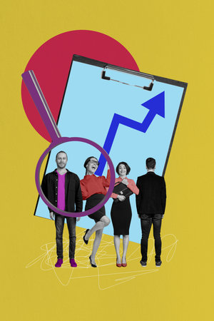 Vertical photo collage of happy business people girls guys arrow project clipboard development...