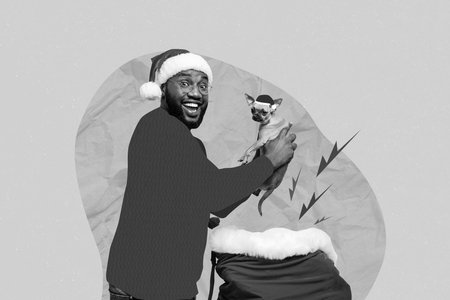 Creative photo 3d collage artwork postcard poster brochure of jolly santa hold dog present for children isolated on painting backgroundの写真素材