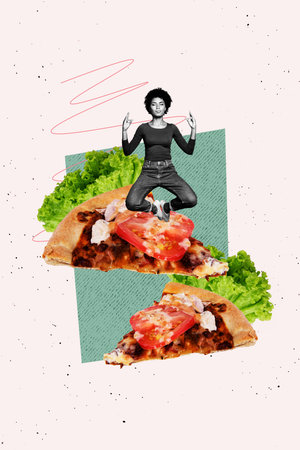 Sketch template design 3D photo collage composite of young lady African race levitate balance meditate pizza eat food chef restaurantの写真素材