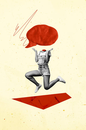 Trend artwork template design collage sketch of empty app conversation message textbox speech cloud headless young woman jump moving routeの写真素材