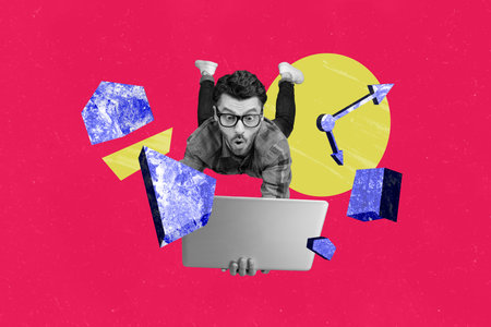 Composite trend artwork 3D sketch collage of red backdrop miniature young guy student eyewear work laptop levitate fly clock time deadlineの写真素材
