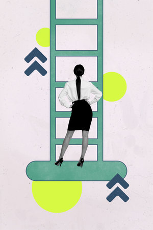 Vertical photo collage of businesswoman stand back look promotion ladder success arrow growth isolated on painted backgroundの写真素材