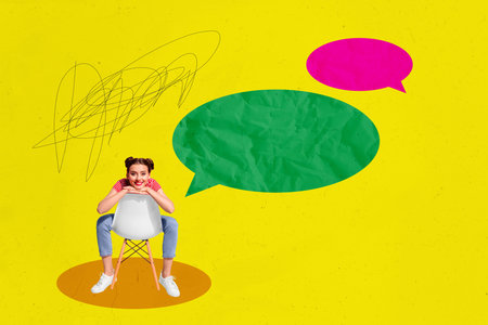 Trend artwork poster composite sketch image collage of bright color space young lady sit chair hairdo cute smile speech cloud chatting smsの写真素材