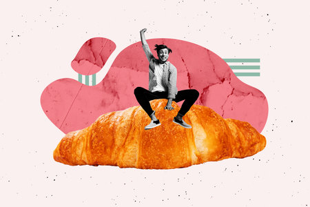 Composite photo collage of excited man jump baked croissant puff bough nutrition french dessert food isolated on painted backgroundの写真素材