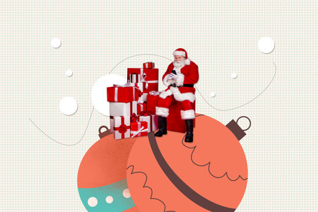 Template sketch 3D photo collage of aged man sit huge ball decoration pile box present type phone christmas december holiday winter yearの写真素材