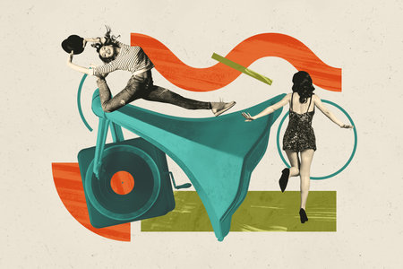 Composite trend artwork 3D sketch image photo collage of carefree party listen music vinyl recorder gramophone two young lady danceの写真素材