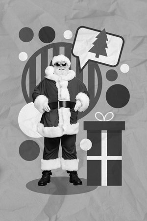 Vertical collage of aged funky santa think talk newyear evergreen tree drawing giftbox isolated on creative backgroundの写真素材