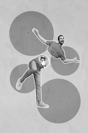 Collage photo of young hipster student guy abstract discoball stomach dancing enjoy nightclub party dancing isolated on beige color backgroundの写真素材