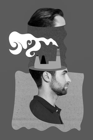 Vertical collage picture of black white gamma guy divided head mini drawing power plant inside isolated on creative backgroundの写真素材