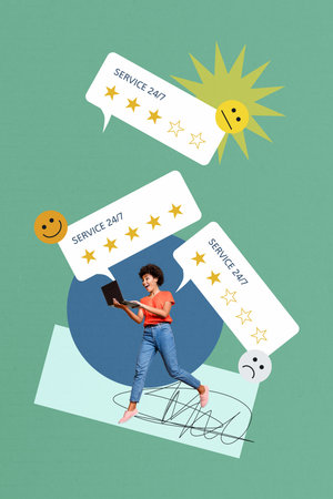 Composite trend artwork sketch image collage of service 24 7 star mark review recommend rating best young lady work laptop smile emojiの写真素材