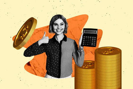 Image full pop trend collage of happy businesswoman accountant hold calculator show like gesture coin dollar transactionの写真素材