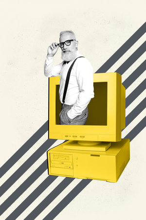 Vertical 3d poster art pop collage of happy businesswoman businessman stand pc monitor desktop mouse tool freelancer occupationの写真素材