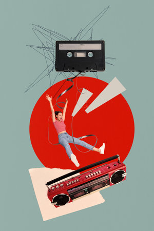 Creative design composite trend artwork collage of young lady student levitate cassette boombox tape recorder playlist radio party holidayの写真素材
