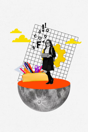 Composite collage picture image of young schoolgirl half moon study supplies shopping billboard comics zine minimalの写真素材