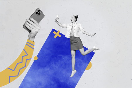 banner surreal collage of person use phone with hands gesture cross sign on grey backgroundの写真素材