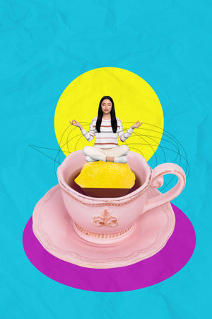 3D collage trend artwork composite sketch poster of young woman sit meditate keep calm balance cup drink tea hot aristocratic styleの写真素材