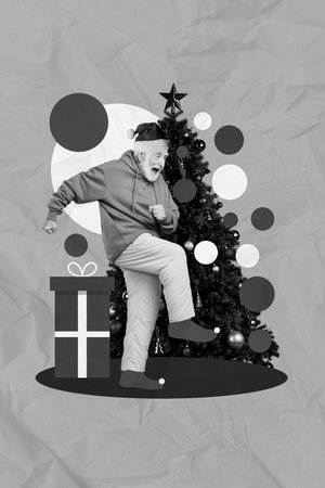 Vertical collage picture of excited grandfather have fun dancing newyear tree isolated on green backgroundの写真素材