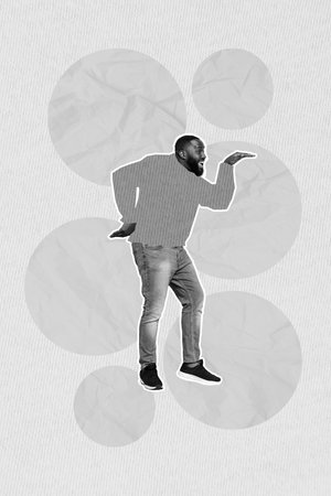 Vertical creative photo collage of satisfied positive guy pink cartoon sweater dancing having fun isolated on pastel color backgroundの写真素材