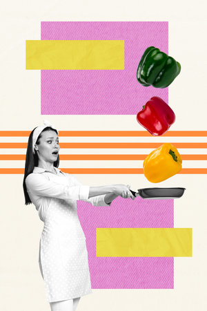 Composite 3d image art pop trend collage of shocked housemaid girl hold frying pan bulgarian pepper frying healthy lifestyleの写真素材