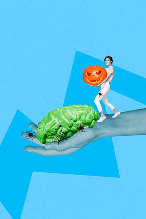 Vertical photo collage of astonished scared girl walk human hand carry carved pumpkin brain organ...