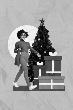 Creative photo 3d collage artwork postcard poster brochure of young girl moving store mall center buy gifts isolated on painting backgroundの写真素材