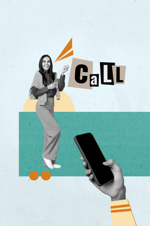 Creative art collage of person stand use cellphone near phrase call with telephone on cyan backgroundの写真素材