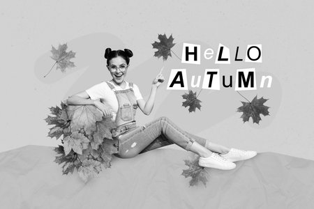 Photo collage artwork minimal picture of lady pointing finger showing gesture sign hello autumn letters isolated drawing backgroundの写真素材