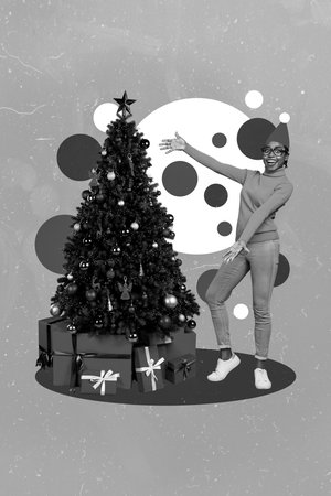 Vertical collage image of excited positive black white colors girl showing decorated pine fir tree isolated on drawing backgroundの写真素材