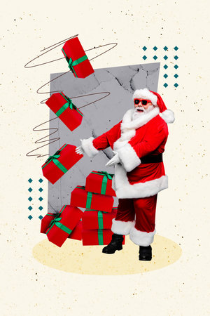 Vertical photo collage of happy old man santa claus show pile present box new year xmas occasion surprise isolated on painted backgroundの写真素材