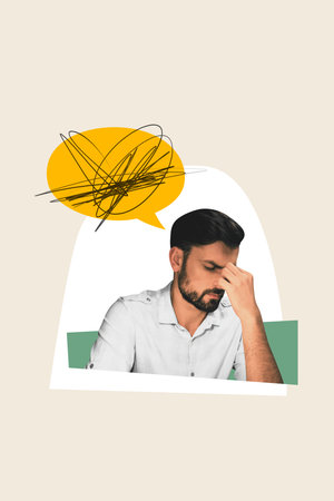 Vertical photo collage of puzzled man hold head frown bubble communication depressed mood problem tiredness isolated on painted backgroundの写真素材