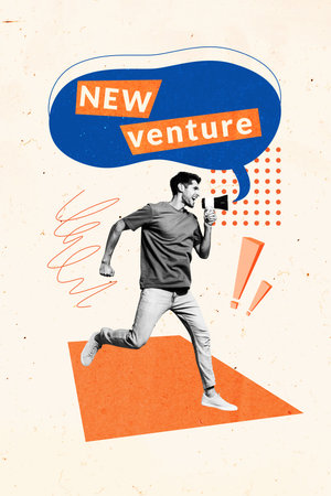 Vertical photo collage of happy man run promote megaphone news tattle venture fake news propaganda spam isolated on painted backgroundの写真素材