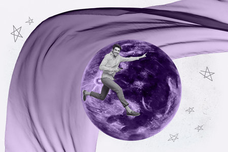 Banner 3d poster art collage of happy girl guy stand space galaxy moon planet cosmos discovery outer-space painting astronomyの写真素材