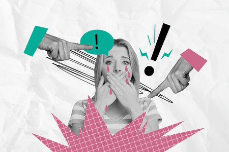Composite photo collage of panic girl shut mouth cry depression hand shame point bullying pressure bubble isolated on painted backgroundの写真素材
