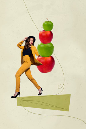 Picture banner collage of person stand walk stack apples on yellow backgroundの写真素材