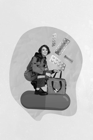 Vertical composite collage image picture of mini paramedic girl big pills isolated on creative backgroundの写真素材