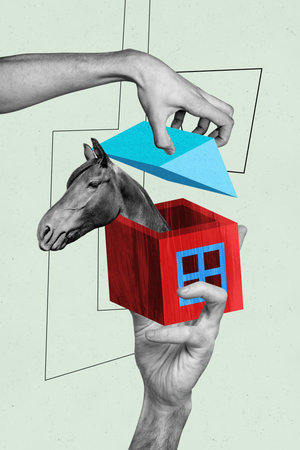 Trend artwork poster composite sketch image collage of huge hand hold house building window roof cover horse head appear animal movingの写真素材