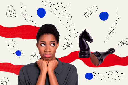 Sketch image trend artwork montage 3D photo collage of young lady depressed student mind think chess figure play game checkmateの写真素材