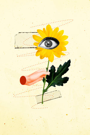 Creative vertical art sketch image collage of hands hold chrysanthemum flower bloom bud eyeball inside stare observer imaginationの写真素材