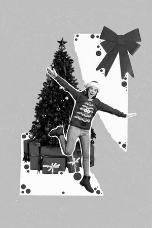 Vertical collage image of excited crazy girl jump hands flight plane decorated newyear tree isolated on creative backgroundの写真素材