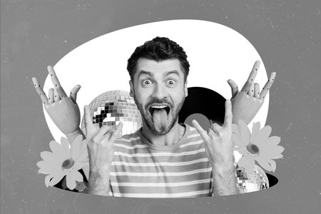 Creative photo 3d collage artwork poster picture of young man celebrate holiday event festive isolated on painting backgroundの写真素材