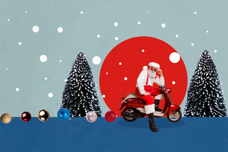 Composite photo collage of serious old man santa claus ride vespa moped new year tree holiday bauble decor isolated on painted backgroundの写真素材