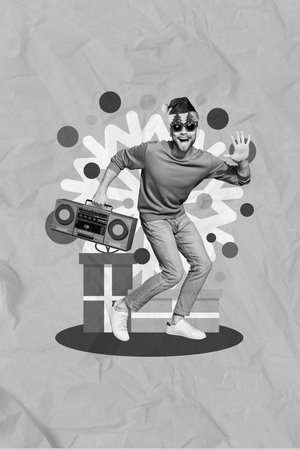 Vertical collage of overjoyed excited guy black white gamma hold boombox dancing isolated on creative backgroundの写真素材
