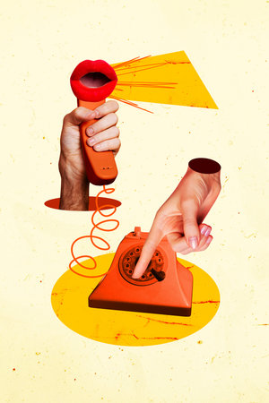 Vertical photo collage of hand hold telephone handset call center network telecommunication mouth talk isolated on painted backgroundの写真素材