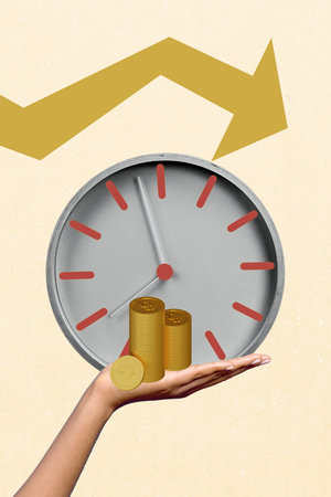 Creative vertical poster collage time management arrangement clock hour minute golden coins stack pile arrow directionの写真素材