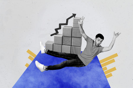 Poster trend collage of person fall stand front blocks charts with arrows up on grey backgroundの写真素材