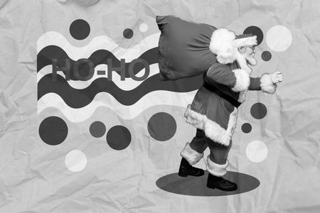 Creative photo 3d collage artwork postcard poster greeting card of saint nicholas carrying gift eve night isolated on painting backgroundの写真素材